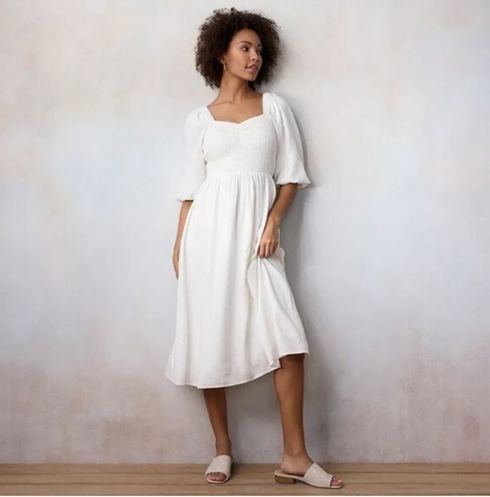 Lauren Conrad Cream Linen Blend Maxi Midi Dress Smocked Puff Sleeves Petite M
